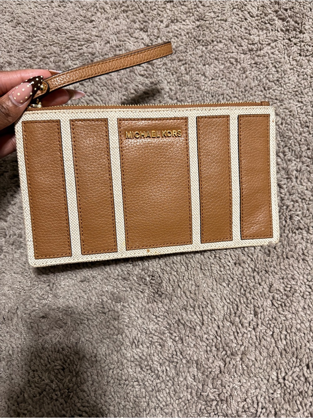 Michael Kors Tan Leather Canvas Stripe Wristlet Wallet